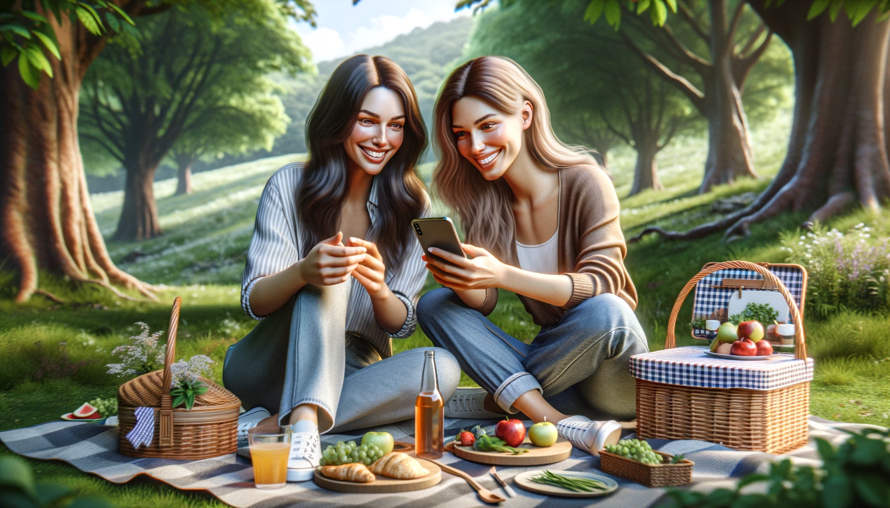 two smiling women on a picnic, both looking at the phone. The women are sitting on a picnic blanket in a scenic outdoor setting, surrounded by trees and greenery.