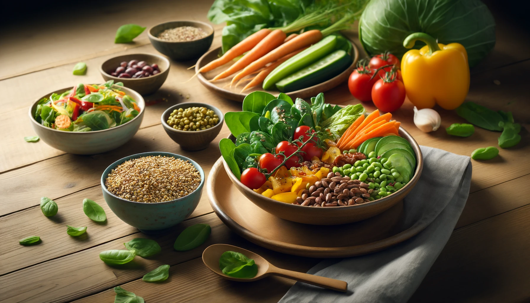 a plant-based meal, emphasizing vibrant colors and variety. The meal includes an array of fresh vegetables, legumes, and grains, arranged aesthetically on a wooden table.