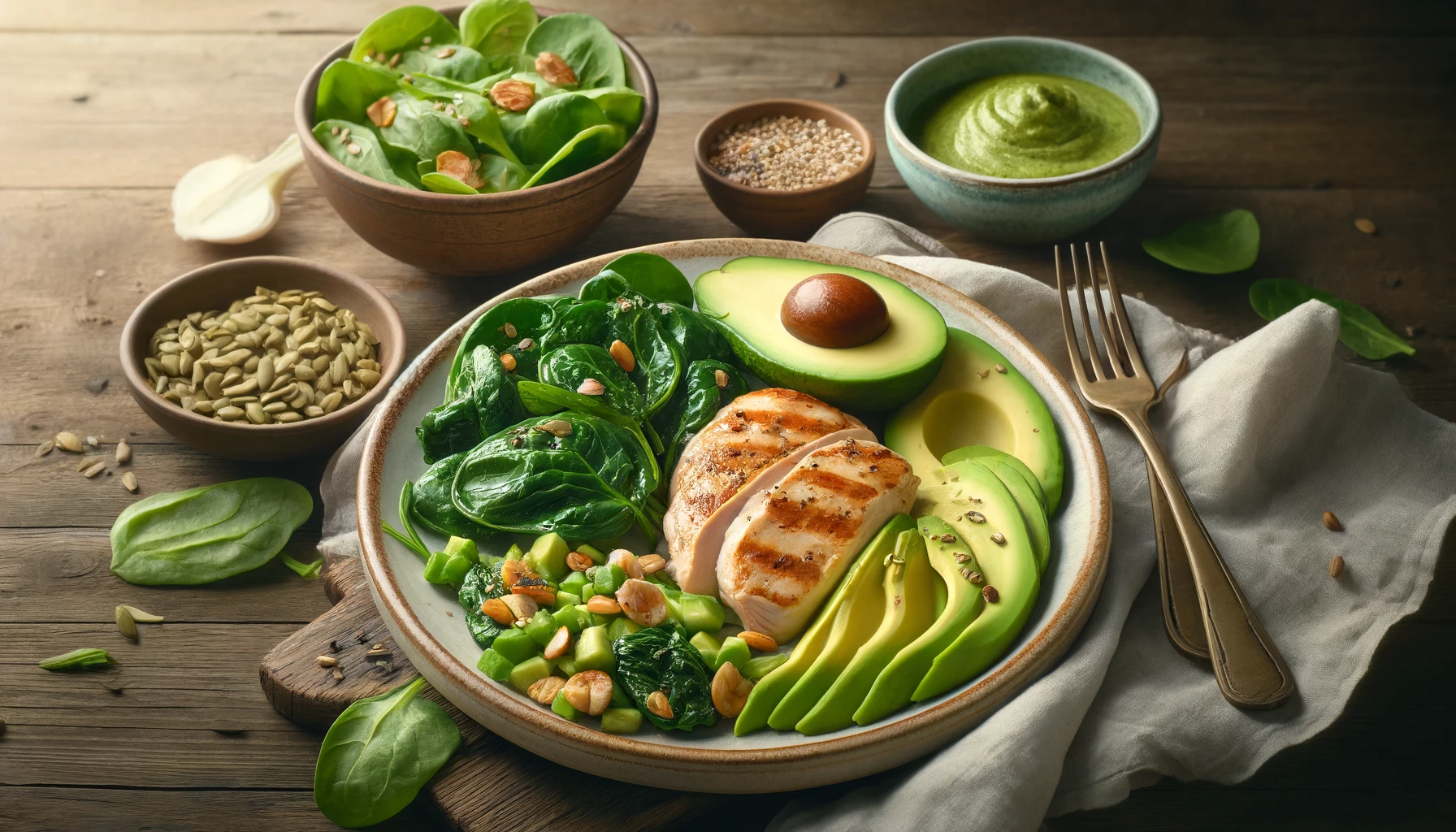 grilled chicken breast, sautéed spinach, and avocado slices arranged beautifully on a plate.