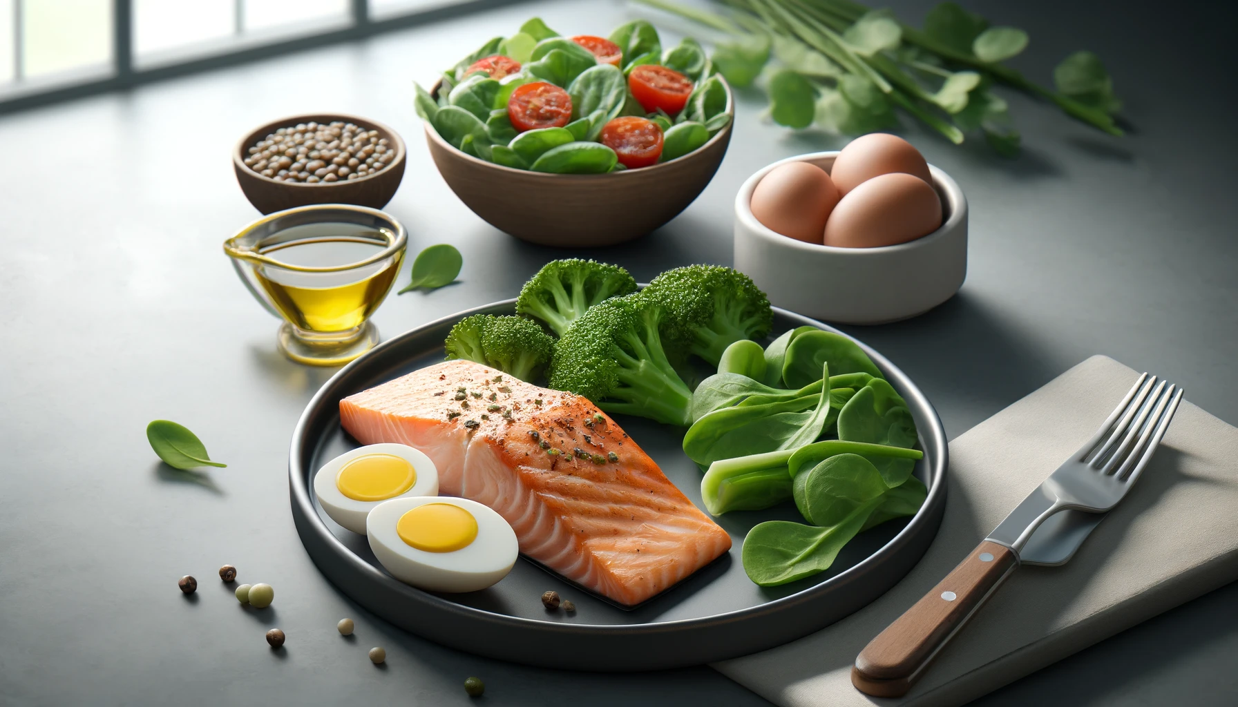 a grilled salmon fillet, a portion of steamed broccoli, and a boiled egg.
