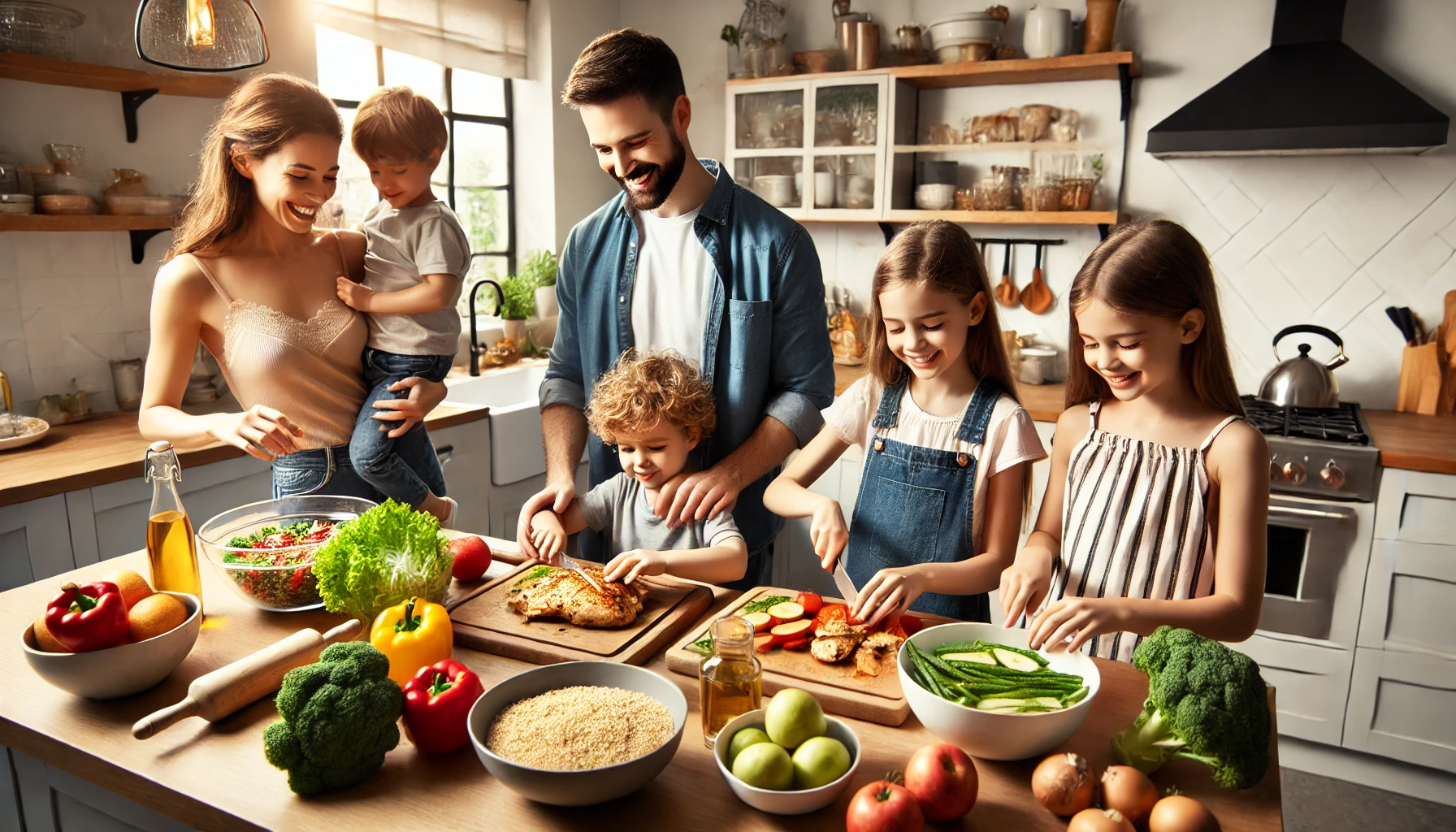 A family is preparing and enjoying a healthy dinner together in their modern kitchen.