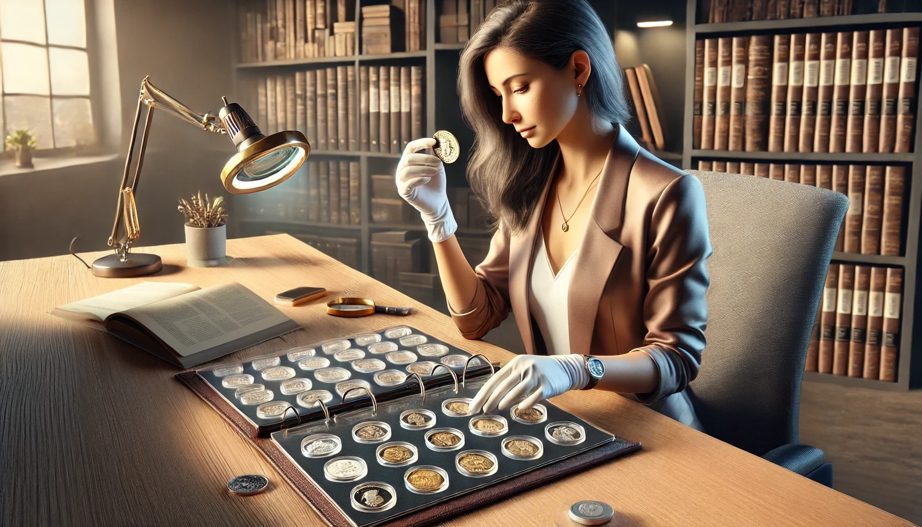 A woman organizing her coin collection in a special album at a modern desk.