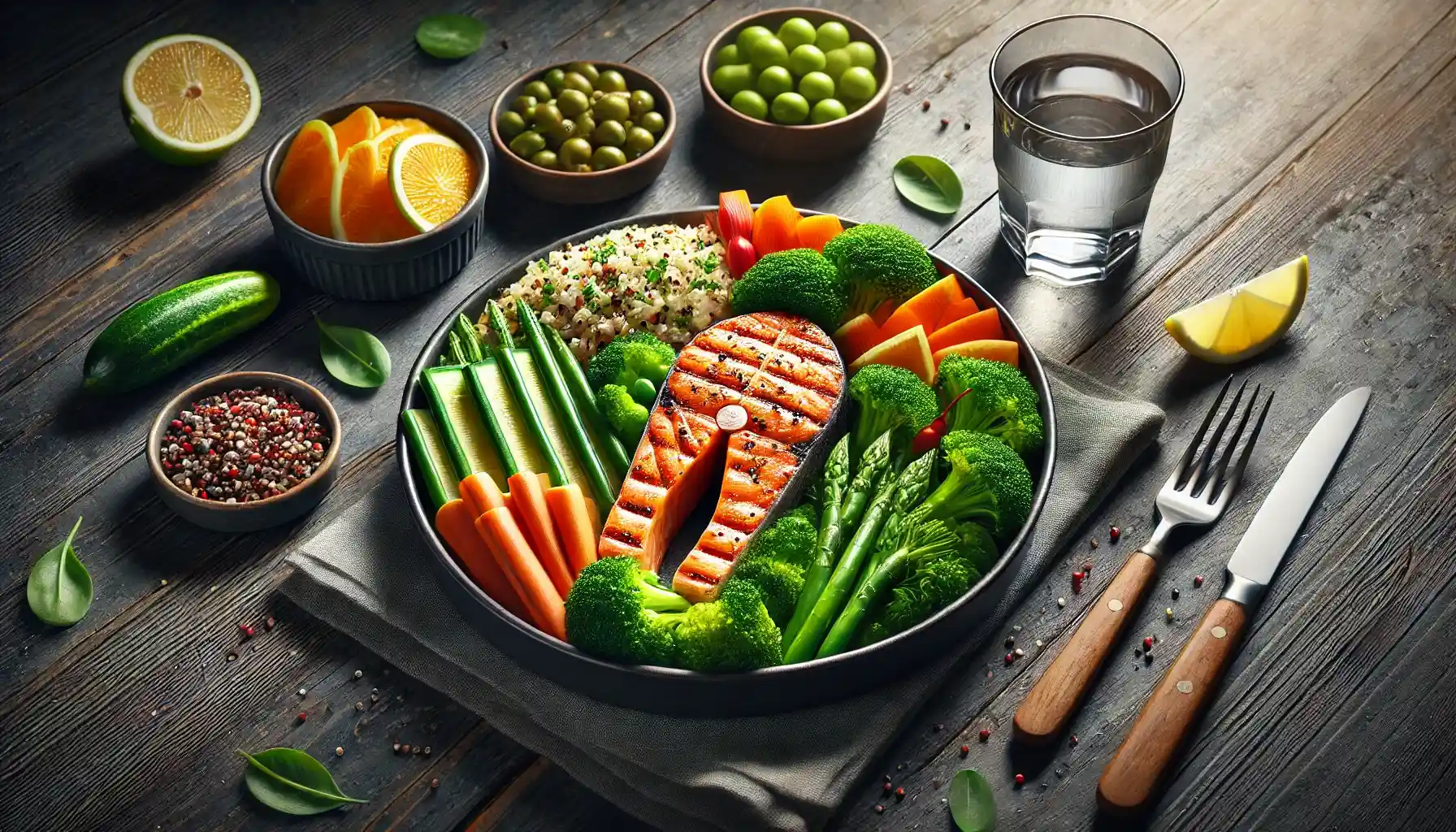 a beautifully arranged balanced meal featuring grilled salmon, quinoa, and a colorful assortment of steamed vegetables like broccoli, carrots, and bell peppers.