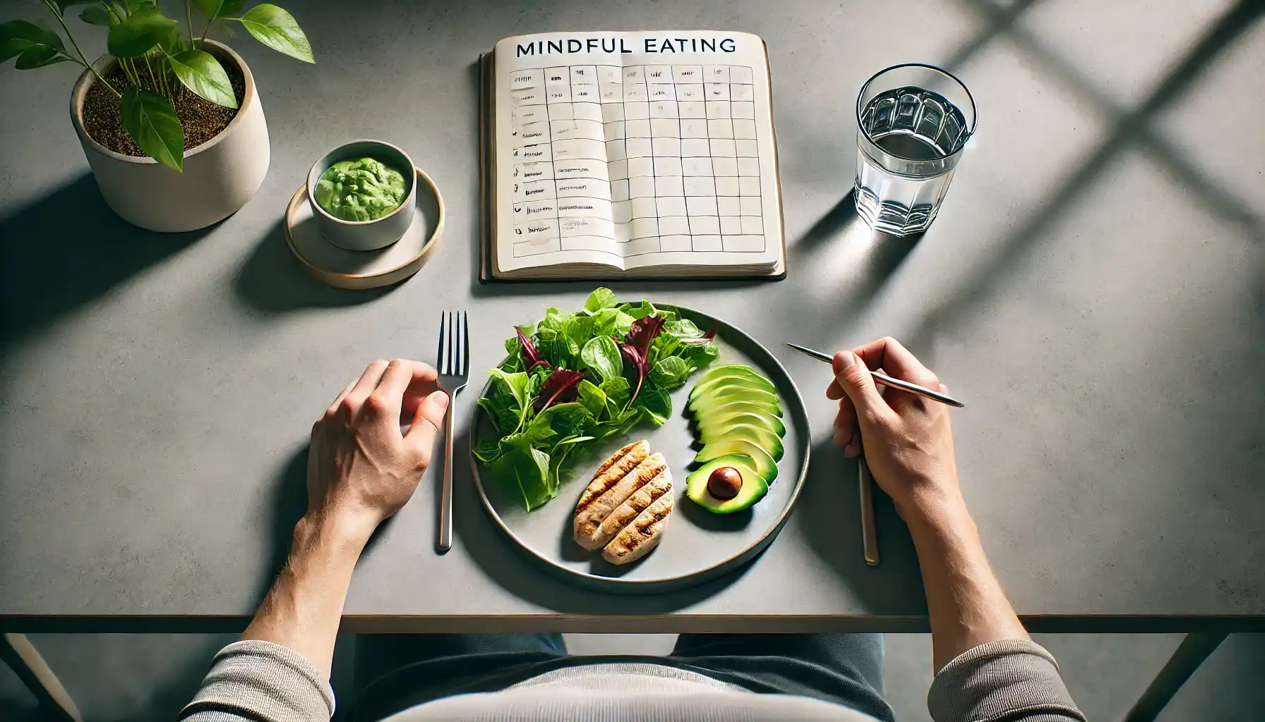 a person practicing mindful eating, seated at a minimalist dining table.