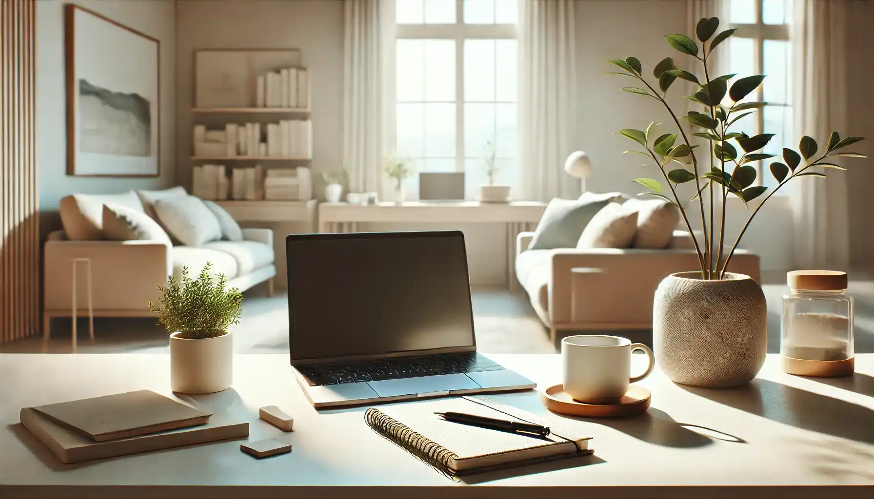 a serene and well-organized workspace, featuring a minimalist desk setup with a laptop, a potted plant, a cup of coffee, and a notebook.