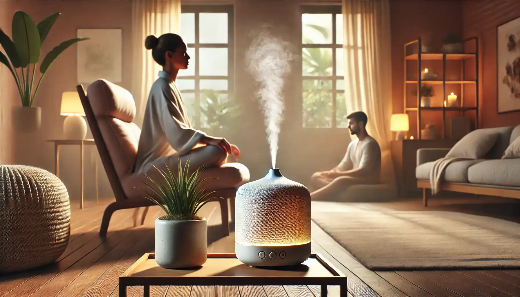 a serene environment for relaxation, featuring a cozy room setup with soft lighting, a comfortable armchair, and a small side table holding a diffuser emitting a gentle mist of essential oils.