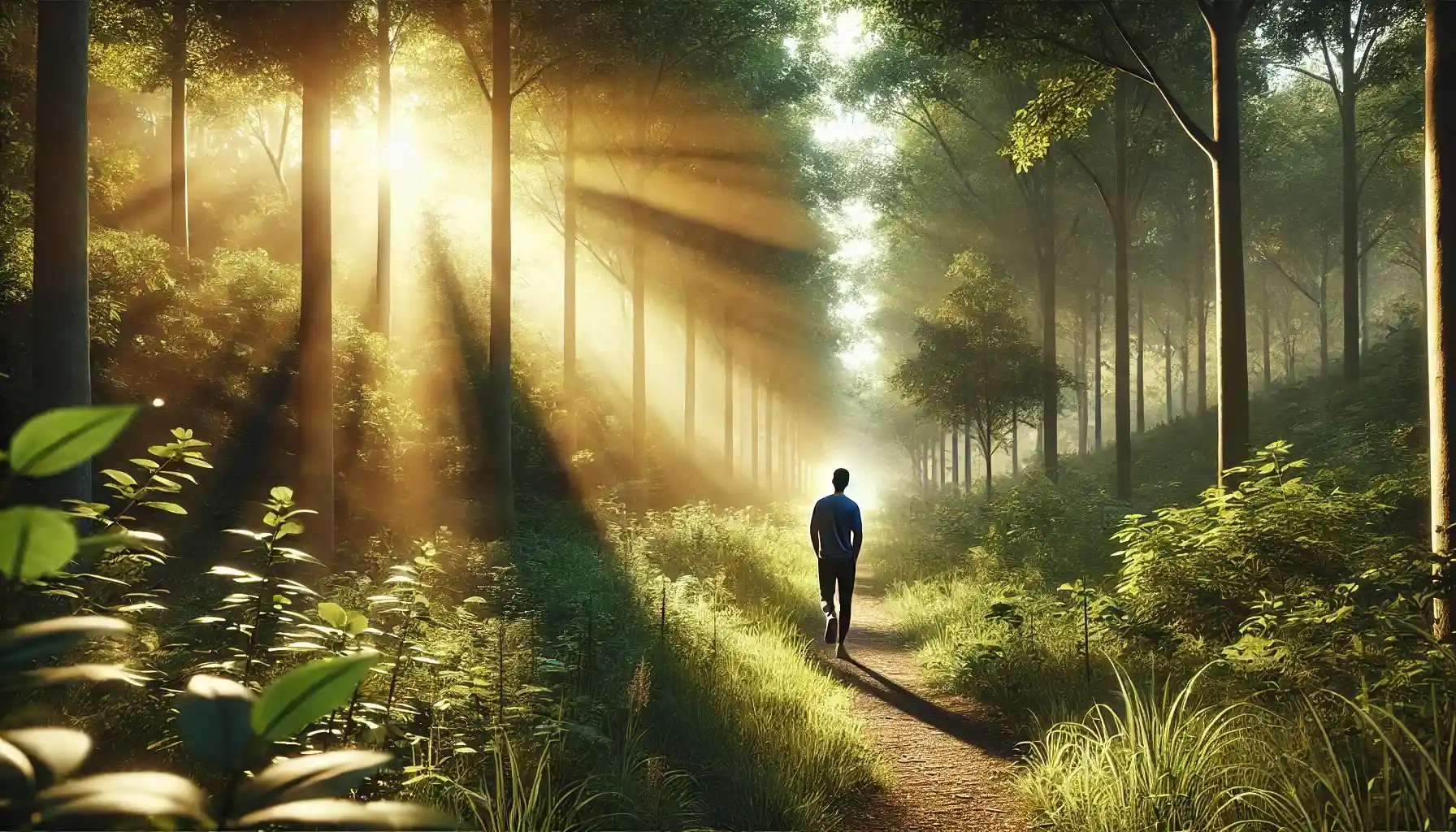 a person walking along a forest path during the golden hour, surrounded by lush greenery and soft sunlight streaming through the trees.