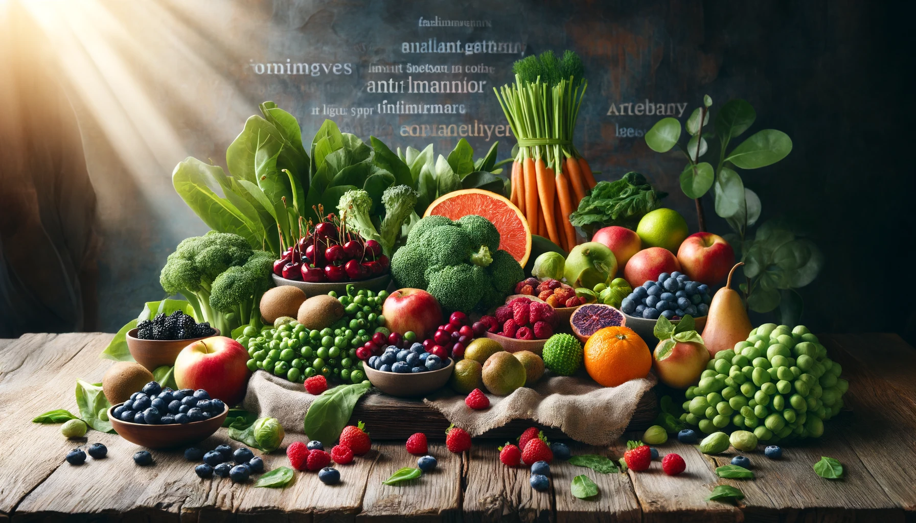 a variety of anti-inflammatory foods arranged on a rustic wooden table. The image features an assortment of colorful fruits and vegetables, such as berries, cherries, leafy greens, broccoli, and Brussels sprouts.