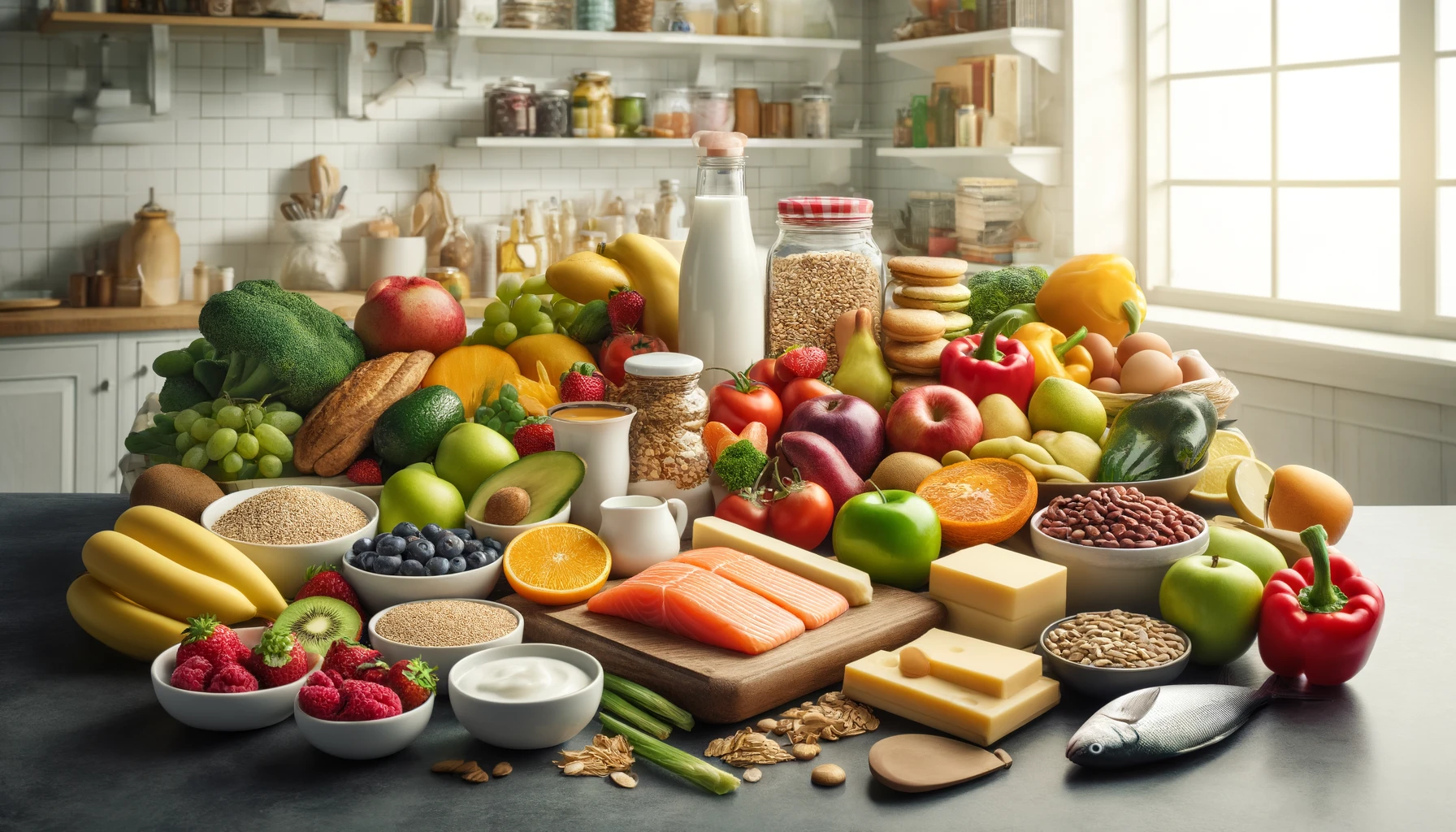 a variety of foods recommended by the DASH diet on a kitchen counter. The composition includes colorful fruits and vegetables, whole grains, lean proteins like fish, and low-fat dairy products.
