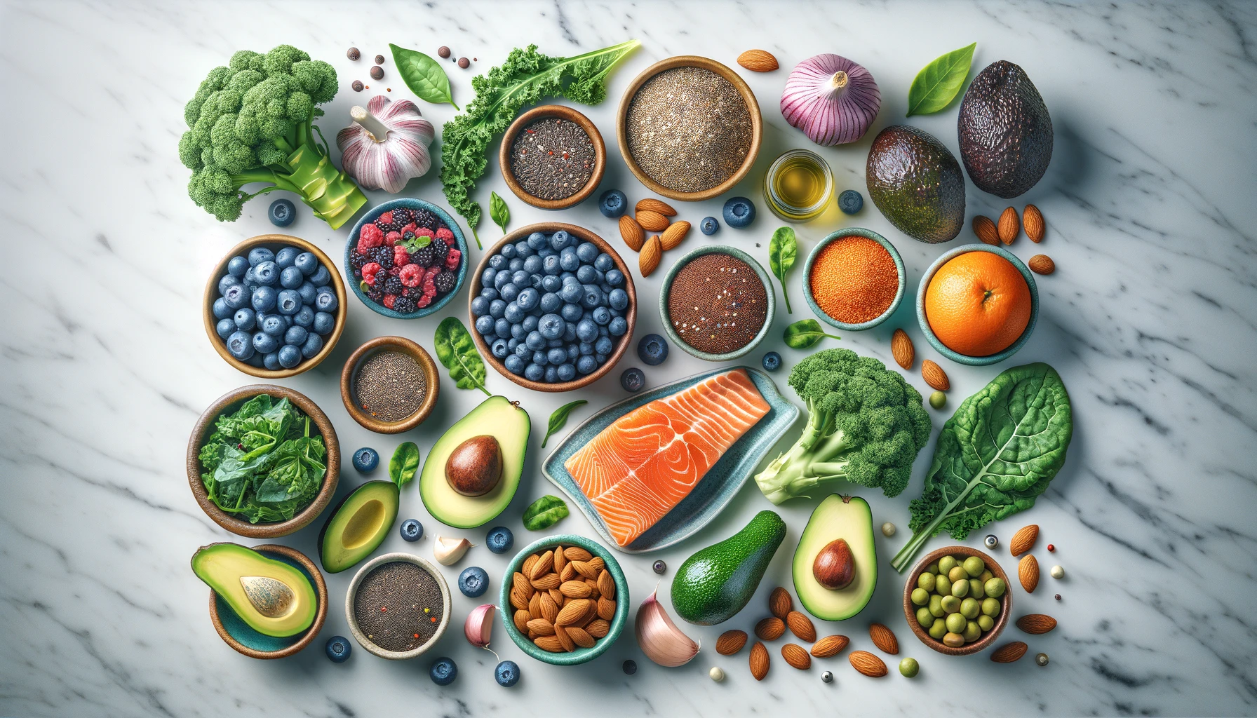 a variety of superfoods neatly arranged on a white marble surface.