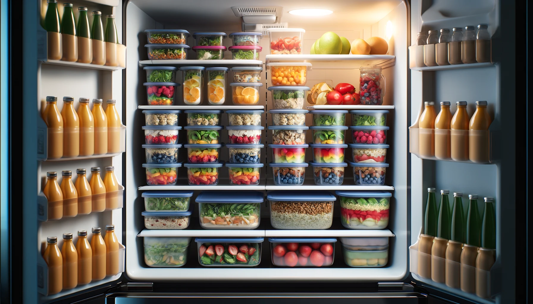 a refrigerator neatly stocked with meal prep containers.