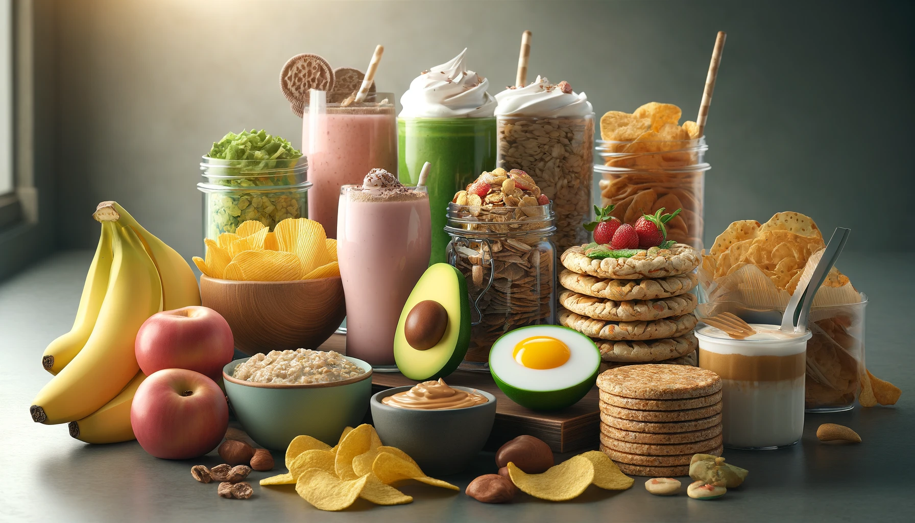 a neatly organized kitchen counter displaying a variety of healthy snacks.