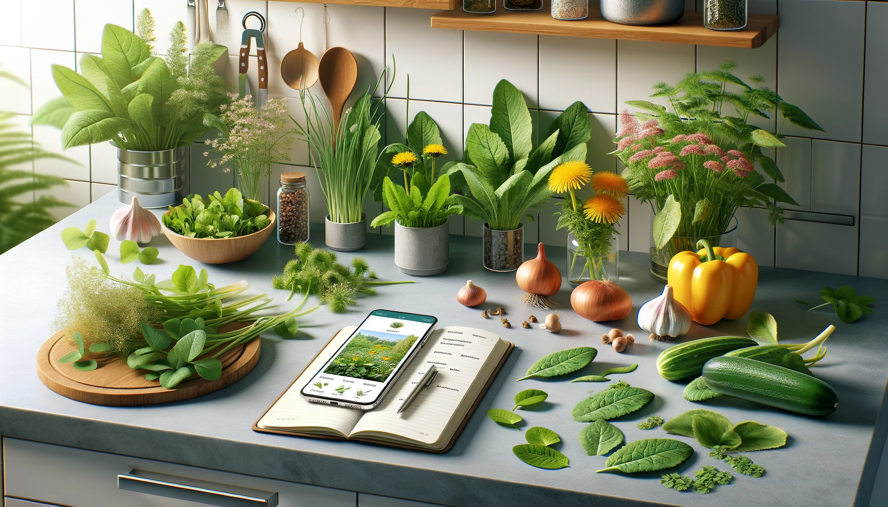 a modern kitchen counter with a variety of freshly identified edible plants and herbs.