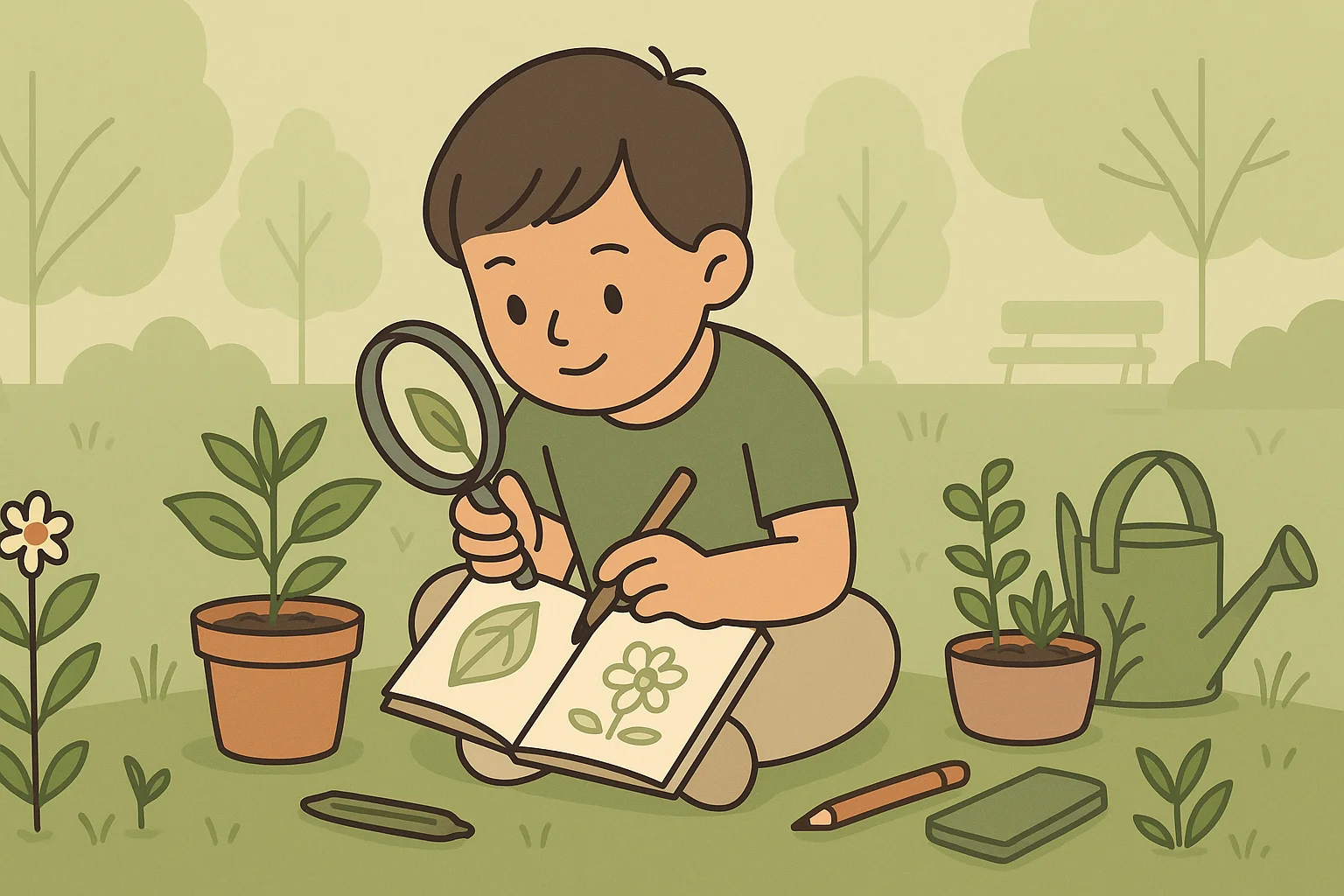 A child makes sketches in the park.