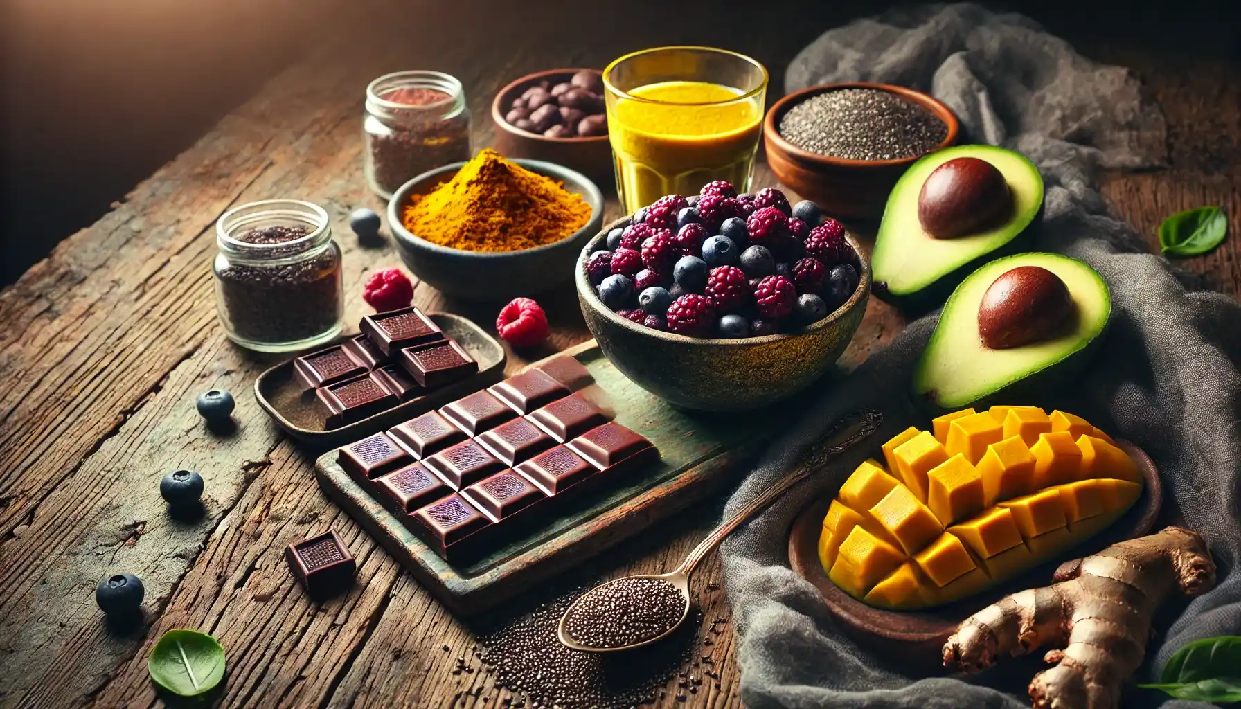 : Bright açai berries, a plate of freshly sliced avocado, a pile of rich dark chocolate pieces, a glass of golden turmeric milk, and a small dish of chia seeds are prepared at the table.