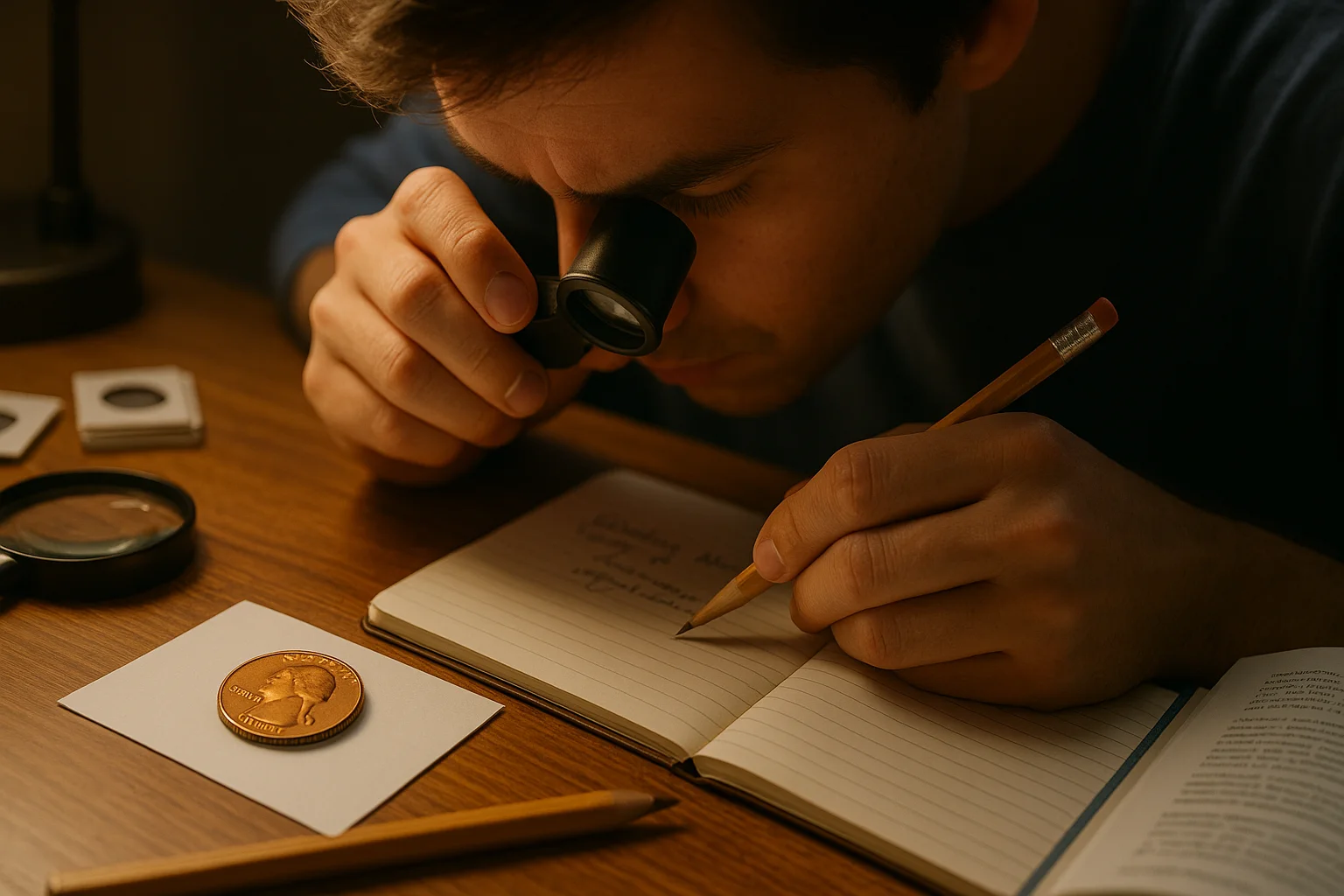 A coin collector examines a wheat penny via a magnifying glass.