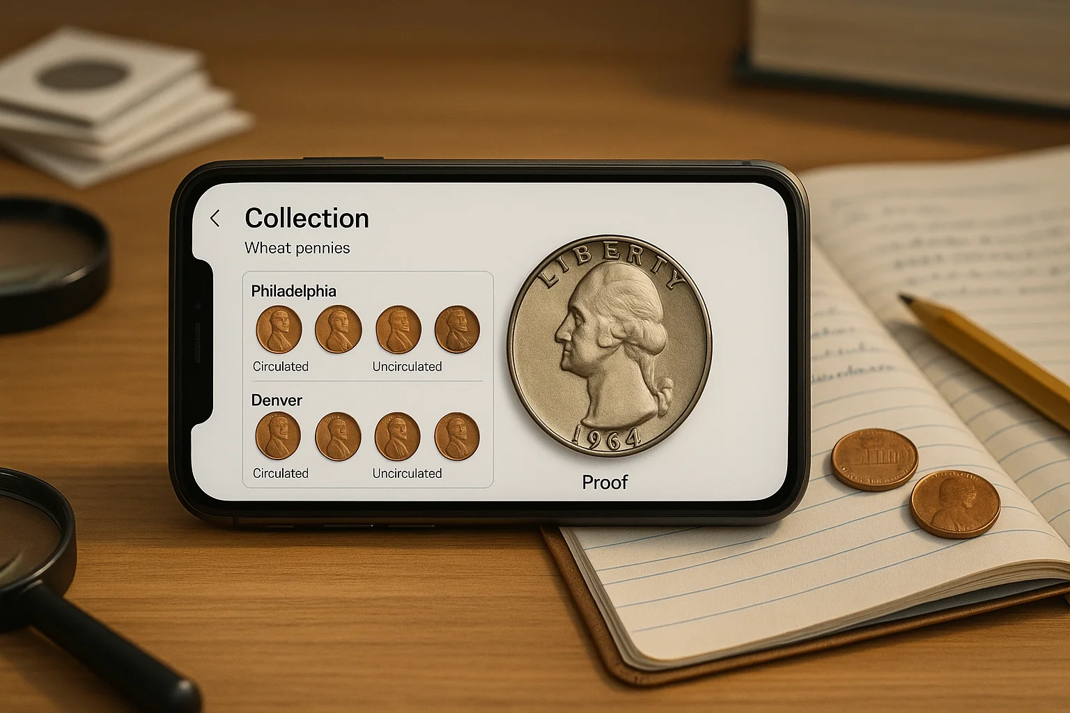 A coin collection displayed on the phone screen.